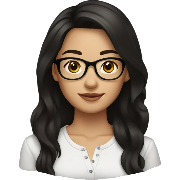 brunette woman with brown eyes, black hair color with glasses emoji