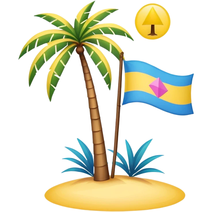 A pink flag in this flag there’s two small blue triangles on the sides In the middle of the circle on the flag a small pink palm tree coming out of the sides  yellow circle with two thick yellow stripes emoji
