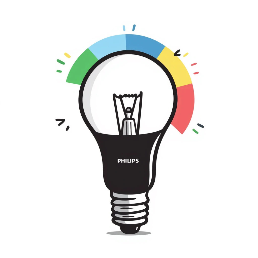 A hand-drawn Philips Hue smart bulb with app control and rainbow colors emoji