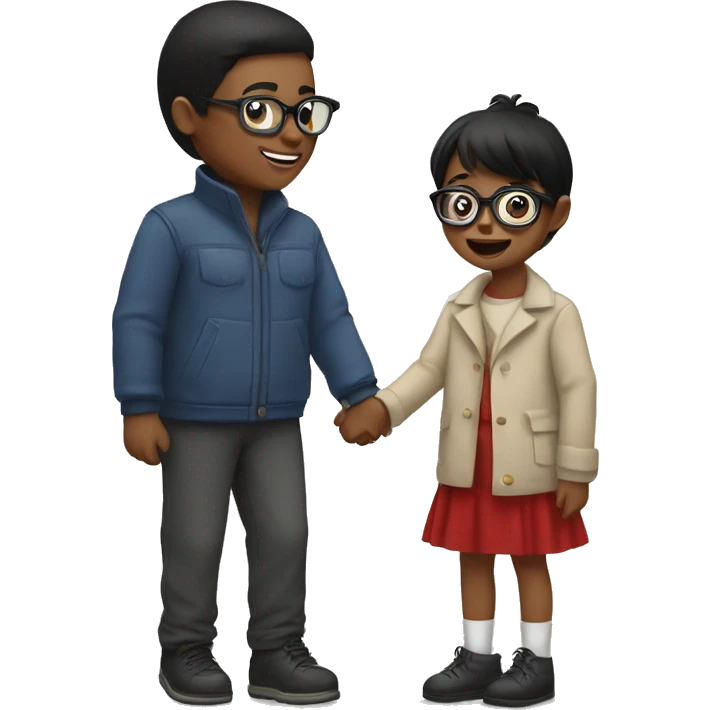 Girl with short straight black hair & glasses holding little boys hand at Christmas parade  emoji
