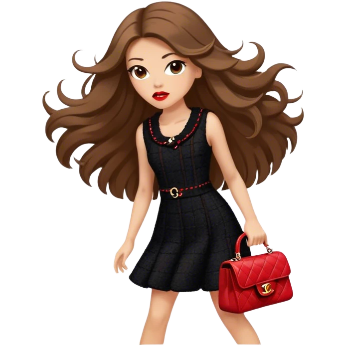 White girl with brown long hair dressed up in black chanel tweed dress with a red chanel bag and red lipstick. Close up shot with wind blowing her hair looking fancy emoji