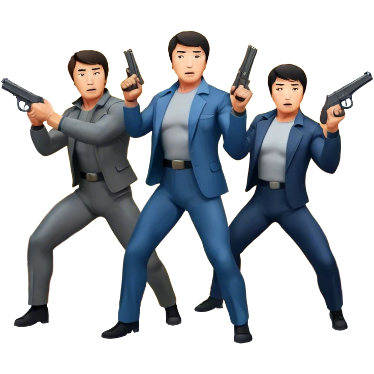 Action movie icons: Arnold Schwarzenegger, Sylvester Stallone and Jackie Chan in tense poses, surrounded by explosions, guns and fast-paced stunts. The design should reflect the energy and heroes of classic action movies. Transparent background. emoji