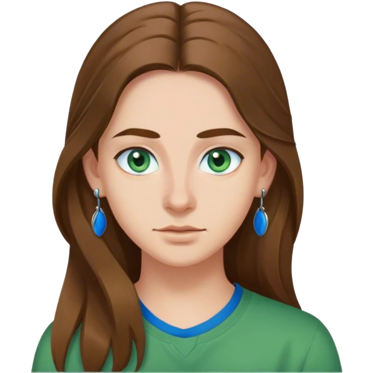 italian student with long brown hair, blue eyes, green shirt, hook earrings emoji