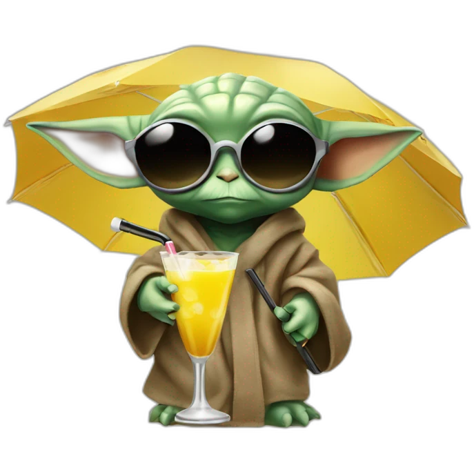 baby Yoda wearing sunglasses and drinking an umbrella cocktail emoji