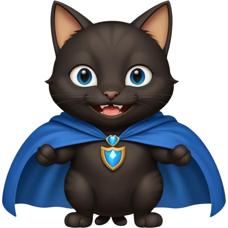 an all black anthropomorphic cat with blue eyes wears an all black cape and is smiling a mischievous sharp tooth grin emoji