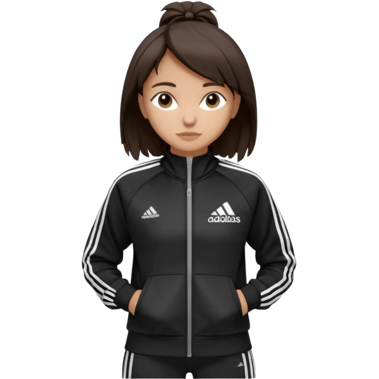 A girl with  medium-length, dark brown hair. The style is a soft, layered cut that falls around her shoulders. wore black Adidas track jacket with white stripes on the sleeves. It has a full zipper down the front, a stand-up collar, and the Adidas logo on the right chest emoji emoji