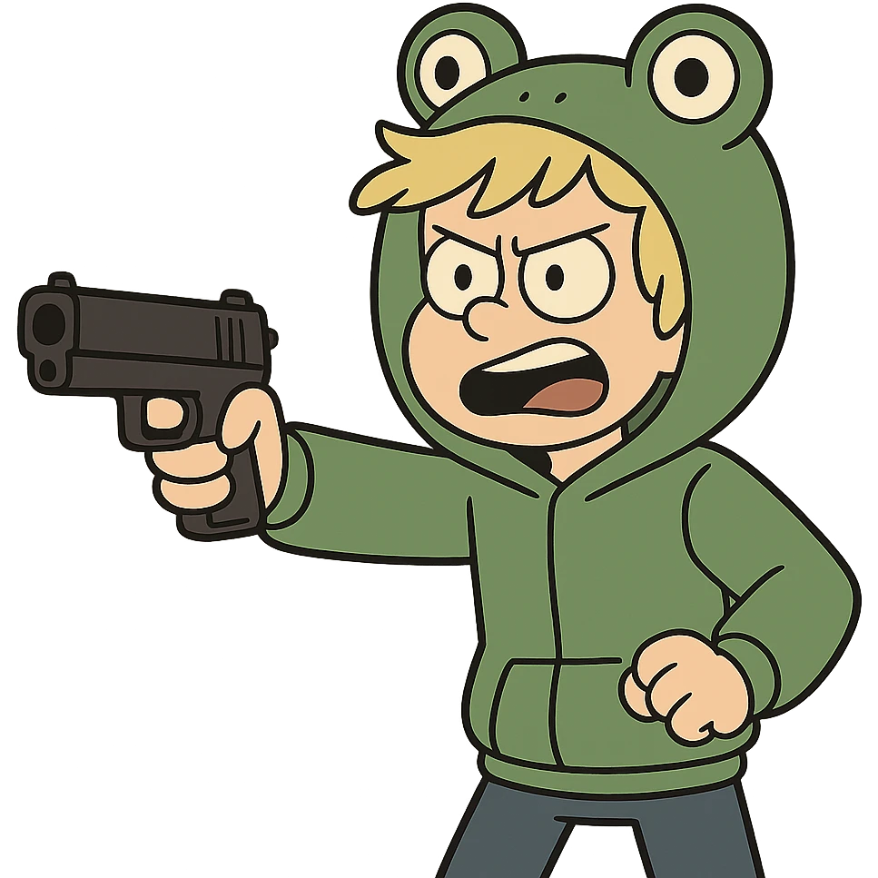 animated boy with blonde hair wearing a frog hoodie, pointing a gun forward, flat toon style emoji