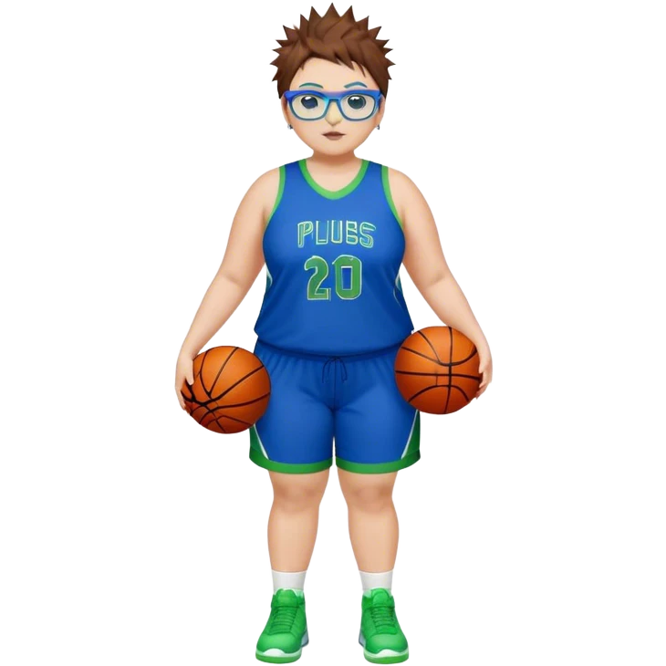 Full Body white plus size Girl with basketball spikey short brown HAIR wearing blue glasses with green eyes wearing blue and green basketball uniform WITH NO WRITING emoji