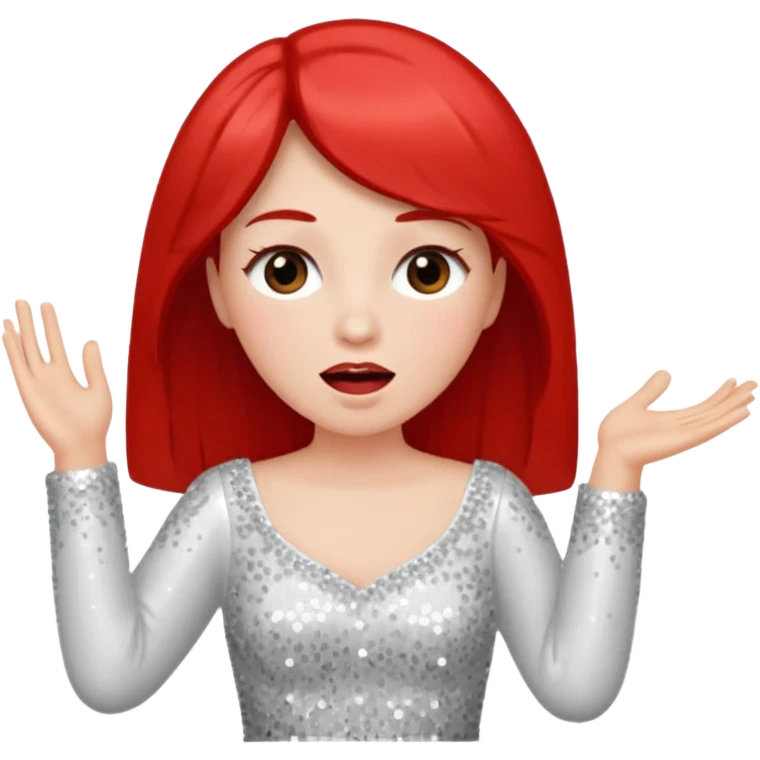 Looking slightly to the left Singing with open eyes and red cheeks wearing long-sleeved sequined white dress  emoji