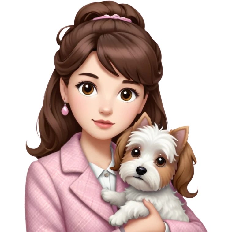 “A woman with fair skin, long brown hair styled in a half-updo with bangs, and large brown eyes framed by long, beautifully curled eyelashes. She has a mature appearance and is wearing a baby pink tweed jacket. She is holding a West Highland White Terrier in her arms.” emoji