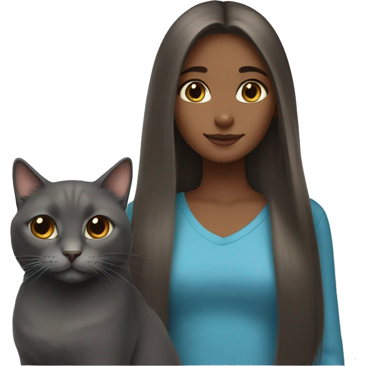 Brown long hair girl and russian blue cat together emoji