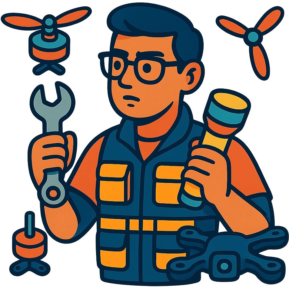 thoughtful technician in glasses and tactical vest, holding a wrench and flashlight, surrounded by drone parts emoji