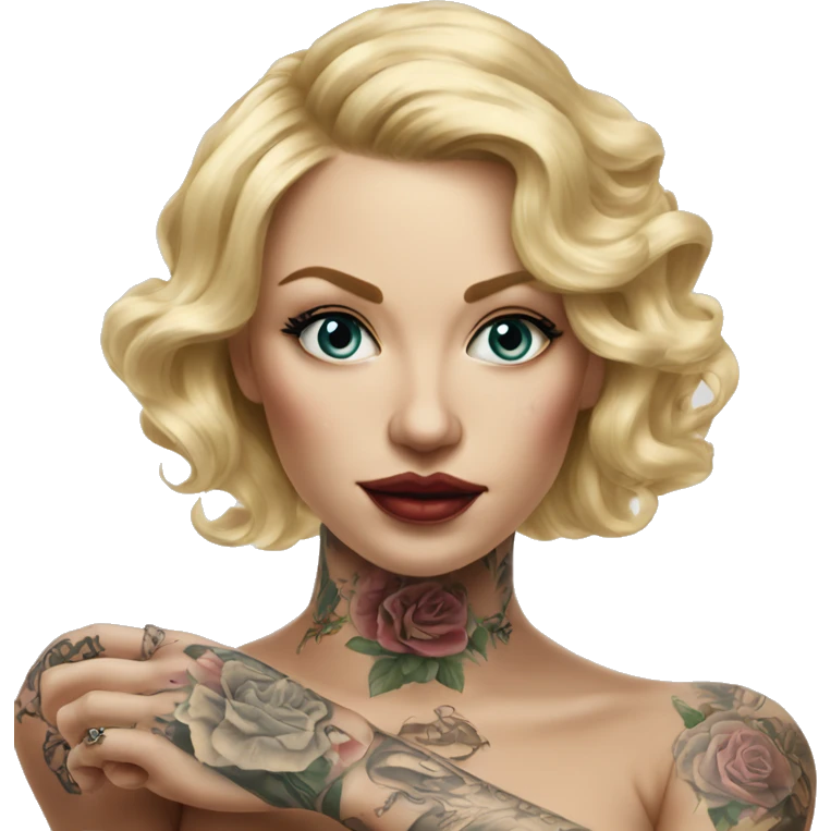 Blonde elegant women, her Body Covered with Tattoos, POINTING to YOU FORWARD with her ONE HAND , Hyper realistic emoji