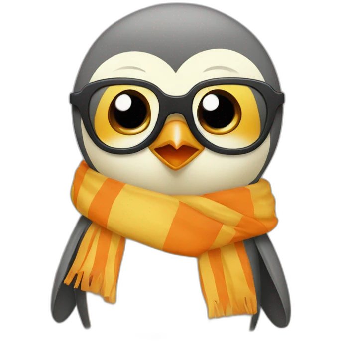 yellow penguin with black glasses dirtyblonde hair with orange tshirt and gray striped scarf emoji
