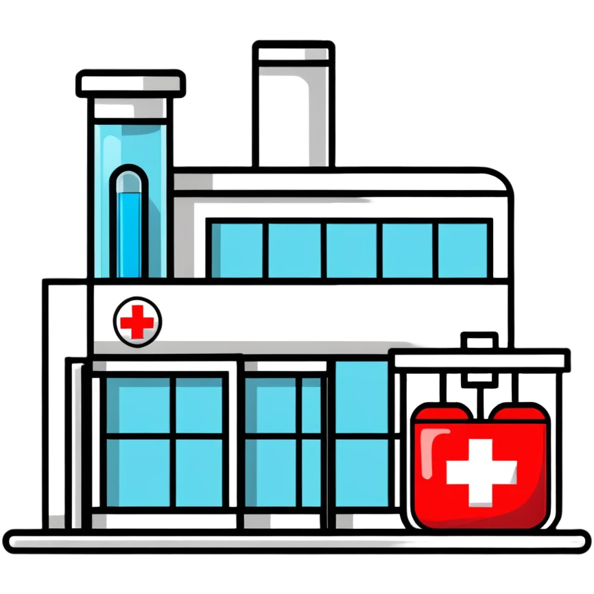 Modern medical clinic building with red cross symbol, test tubes, and heart icon emoji