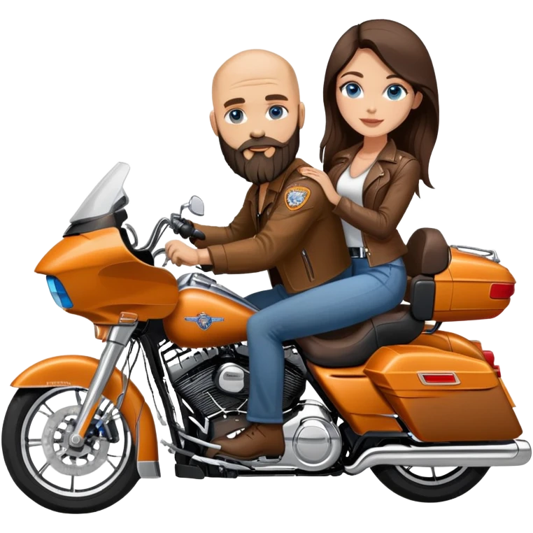 Harley Davidson road glide bearded bald blue eyes man  with brunette girl  pillion emoji
