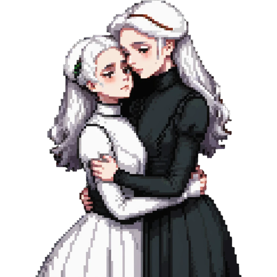 Two Victorian women with light eyes, one with bright pure white coiffed hair and one with dark copper coiffed hair, wearing Victorian turtleneck dresses, embracing tightly in an extremely sad, intimate hug emoji