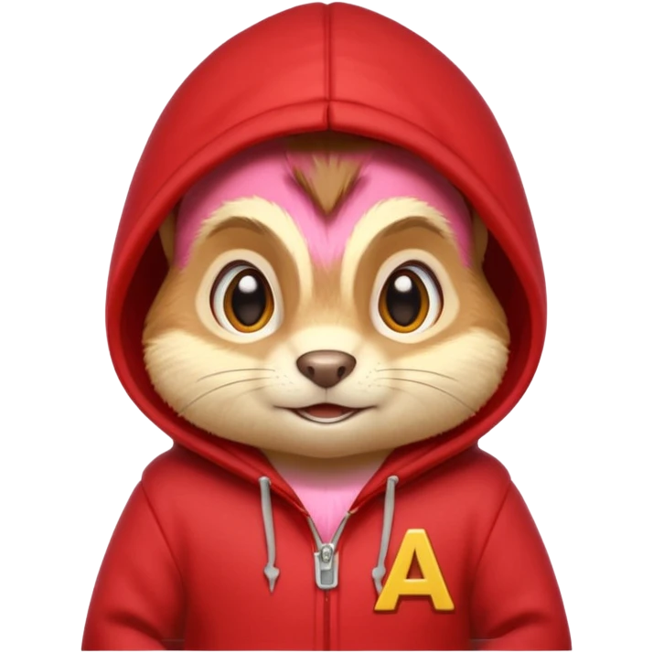Portrait of a cartoon chipmunk with light brown and beige fur, wearing a red hoodie no zip with a yellow 'A' on it, big round eyes, small nose, and a mischievous grin, front-facing, stylized in animated movie style emoji