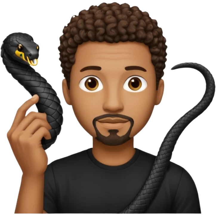 Homme noir, yeux marron avec un bouc menton, cheveux court et bouclé crépus avec un dégradé sur le côté, avec un cobra à côté , t-shirt noir  emoji