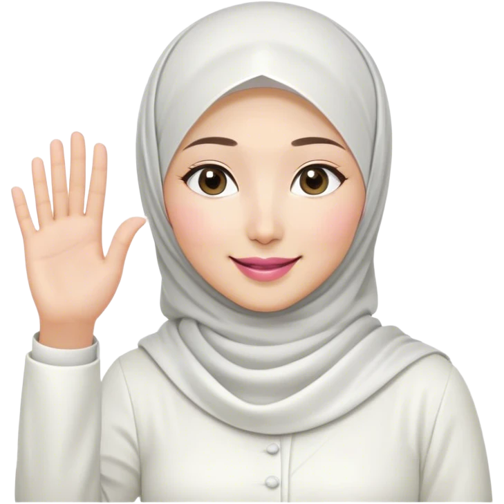 Asian white woman hijab, her hijab color is white, her face is small oval, her face is firm, her lips are pink, her eyes is shining, her face looks happy and excited, her eyes are also smiling, her outfit color is white. Generate emoji that show full body and her left hand is waving to the left emoji