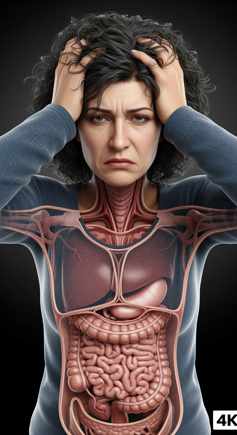 DONNA stanca con intestino realistico in evidenza che si tiene le mani sulla testa, iperrealistici 4k, non disegnati emoji