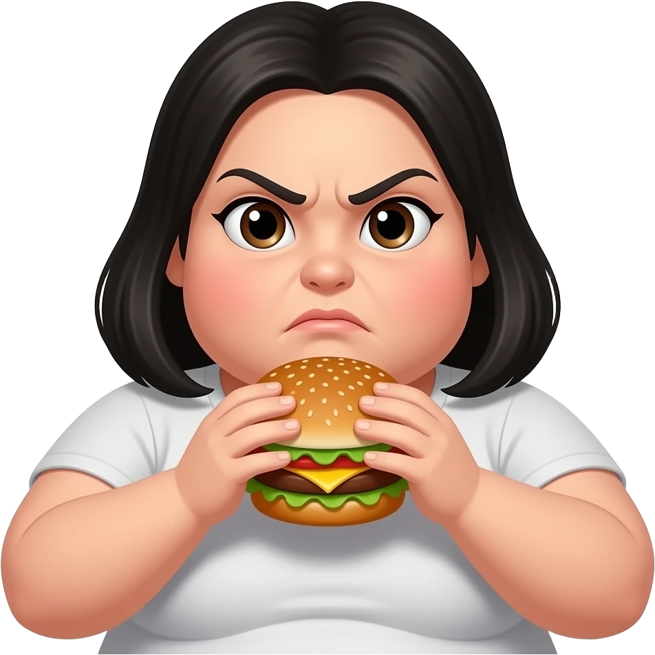 mujer muy gorda con cara seria (no enojada)  con pelo negro y comiendo hamburguesa emoji