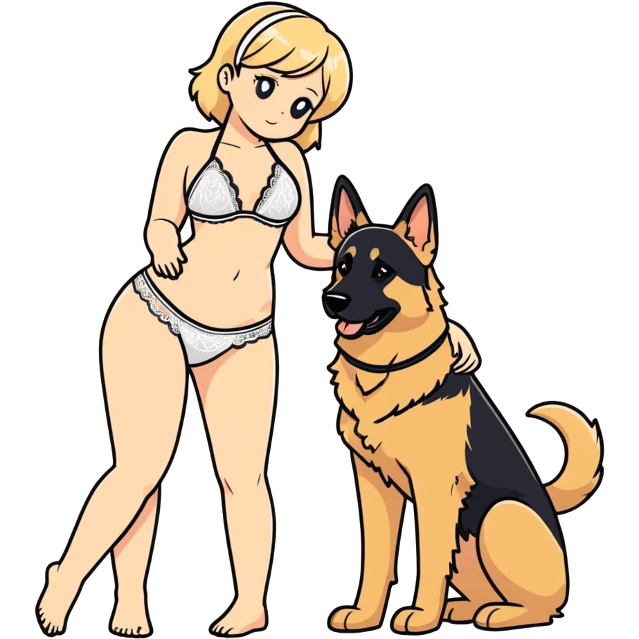 petite blushing subby blonde human woman white lace bikini romance with large German shepherd  emoji