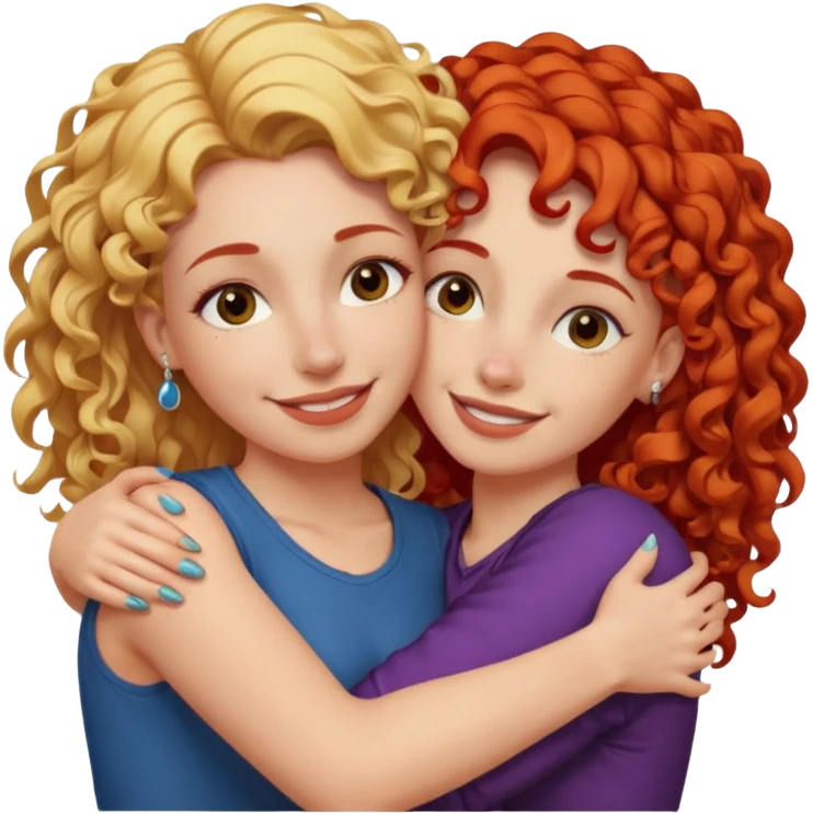 A woman with straight, blonde hair and a nose piercing and a woman with curly red hair and a nose piercing are hugging and smiling together. emoji