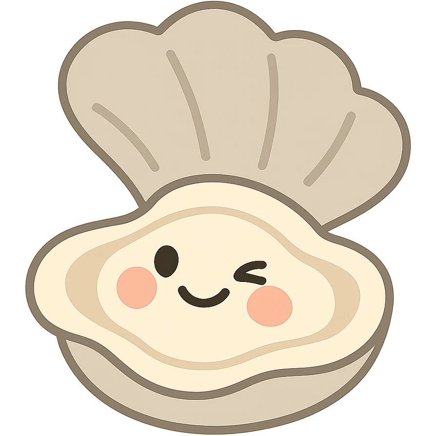 cute oyster with winking expression and rosy cheeks, pastel toon style, cream and greige colors emoji