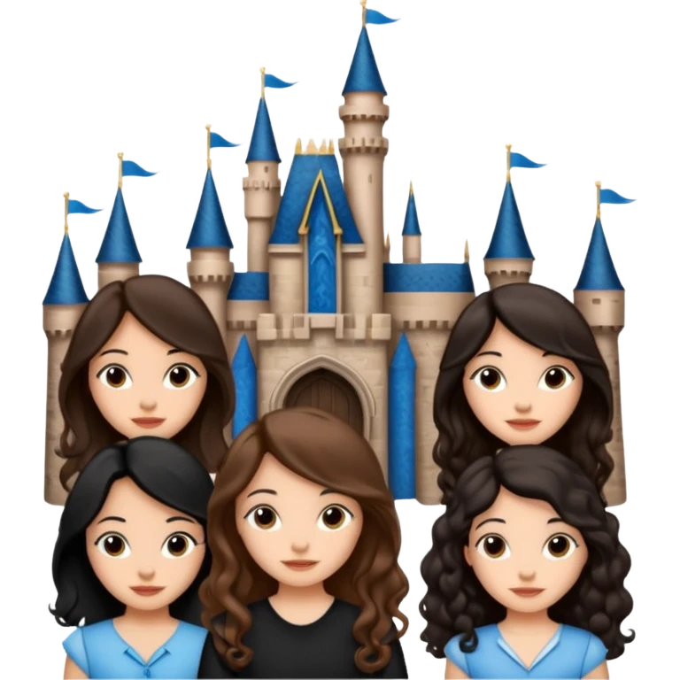 Quiero que crees una imagen donde este el castillo de Disney y por detrás o delante pon a quatro chicas: una con el pelo largo rizado marrón , otra con el pelo corto negro, otra con el pelo mediano liso marrón y otra con el pelo negro largo liso emoji