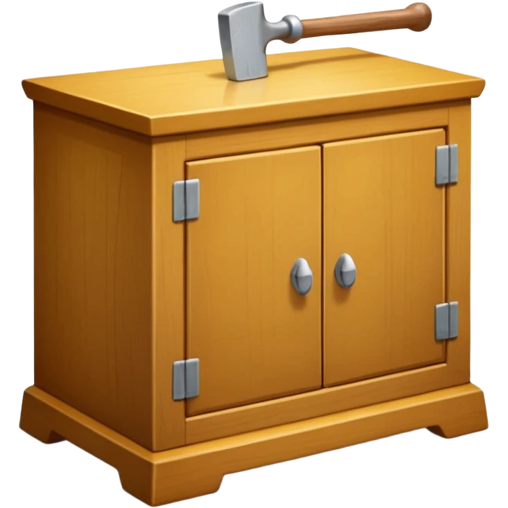 Compact emoji-style icon showing a small wooden cabinet with one door slightly open, a hammer resting beside it, and a plank of wood leaning in the background. Light brown wood tones, silver hammer head, yellow handle. Soft shadows, clean glossy look.  emoji