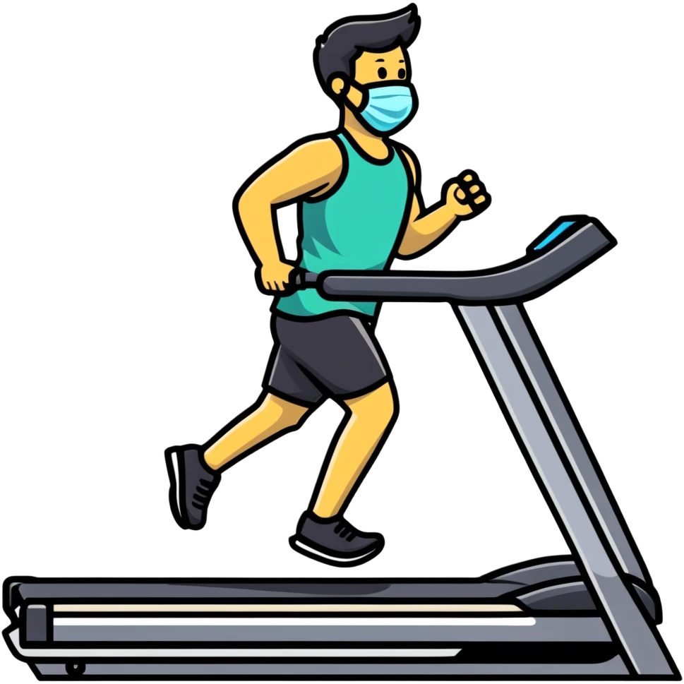Person on treadmill with mask measuring oxygen consumption, fitness test with data visualization emoji