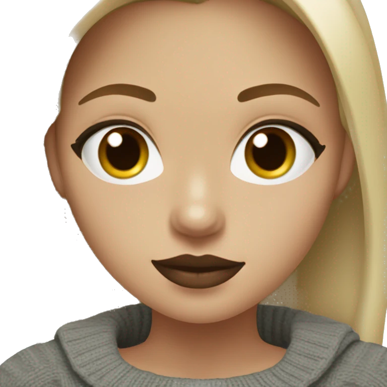 light skinned girl with dark green eyes and brown hair with blonde highlights wearing a grey off the shouldler sweater and dark red lipstick emoji