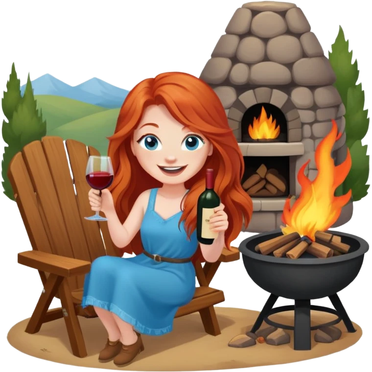 Laughing redhead with long hair and blue eyes holding wine bottle sitting in chair beside fire pit  emoji