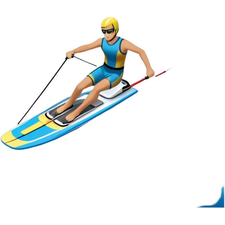 humanless icon showing water skis on the surface of the water, with the skis cutting through the waves, and a distant boat in the background creating a wake. The design highlights the smooth, dynamic motion of water skiing. Transparent background emphasizes the thrill of the sport emoji