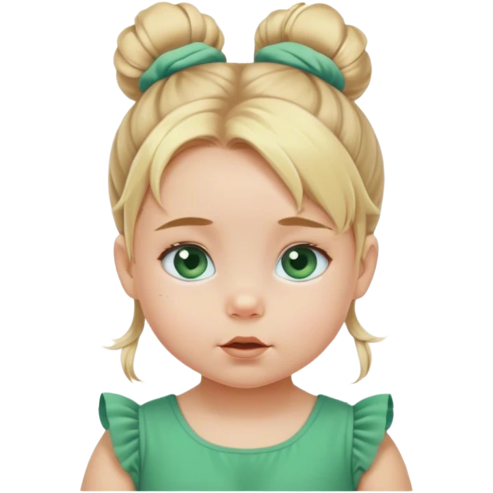 Blond baby girl blue eyes  with messybun  green dress blue eyes emoji