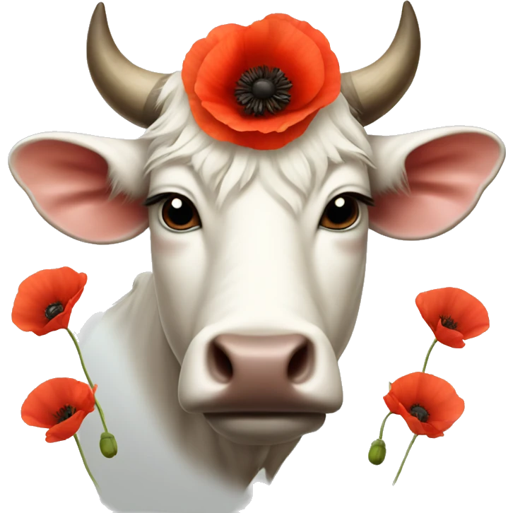 Realistic White ox with poppies on horns emoji