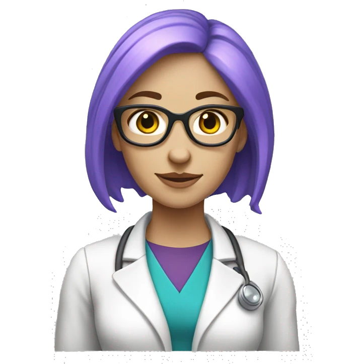 female science teacher with purple hair pale complexion and blue eyes. slightly fat emoji