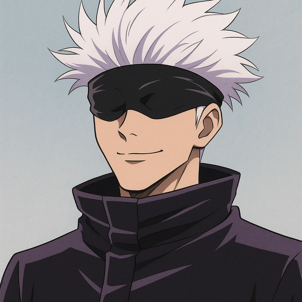Gojo Satoru from Jujutsu Kaisen, iconic white hair, blindfold, confident expression, anime style, upper body, simple background emoji
