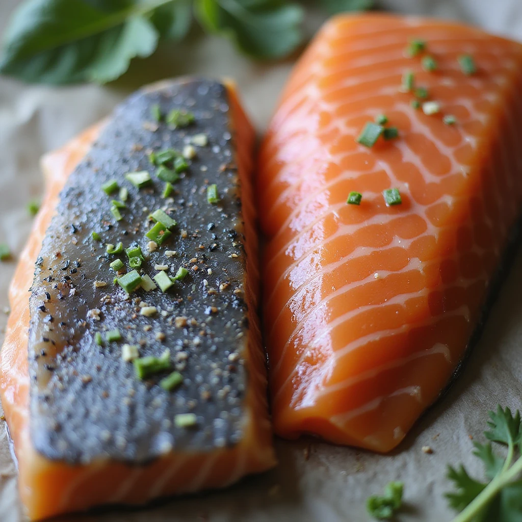 close-up of two raw salmon steaks: gray salmon on the left, orange salmon on the right, with labels highlighting the color difference, realistic style, 4K resolution emoji