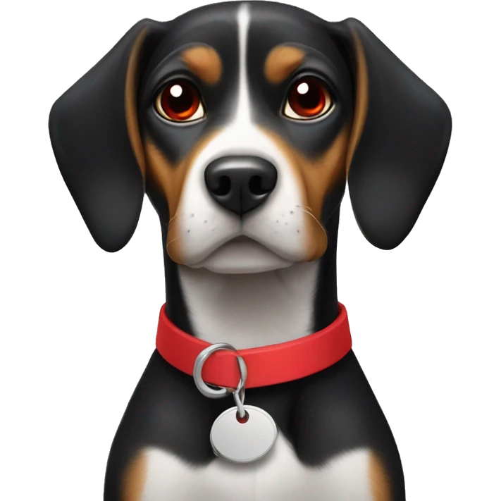black beagle with red collar with a tag emoji