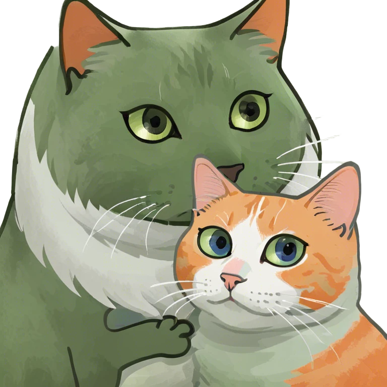 Grey fluffy cat oranges eyes and white-beige cat blue eyes cuddling emoji