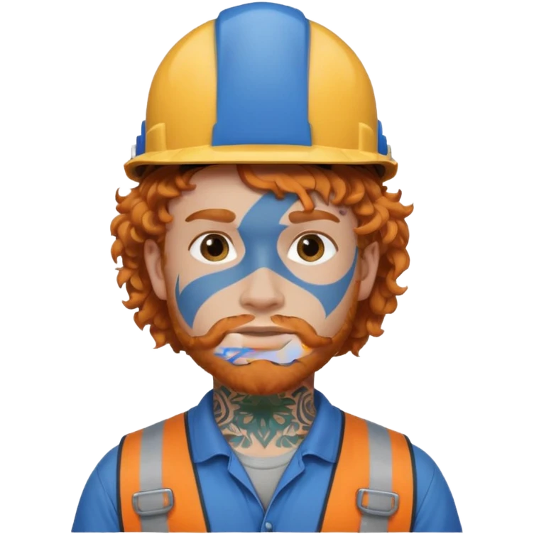 construction worker man ginger curly hair, blue helmet and heavy face tattoo emoji