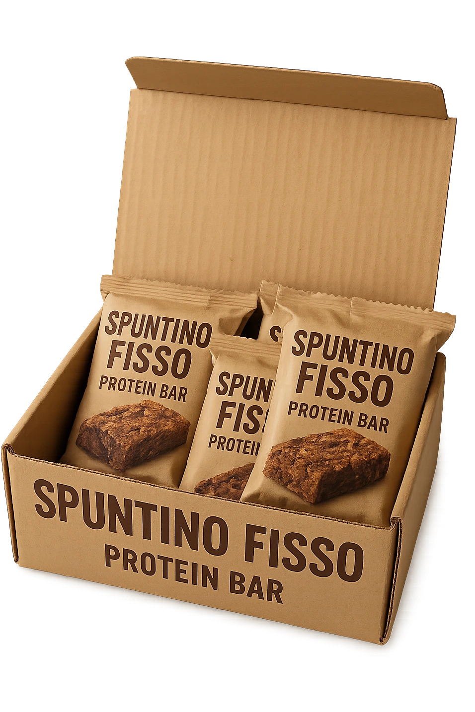 scatola aperta piena di barrette proteiche, con la scritta "SPUNTINO FISSO" SULLA CONFEZIONE in italiano,  realistici emoji