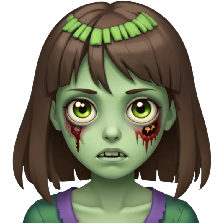 Zombie girl, with long brown hair and short bangs, and green skin emoji