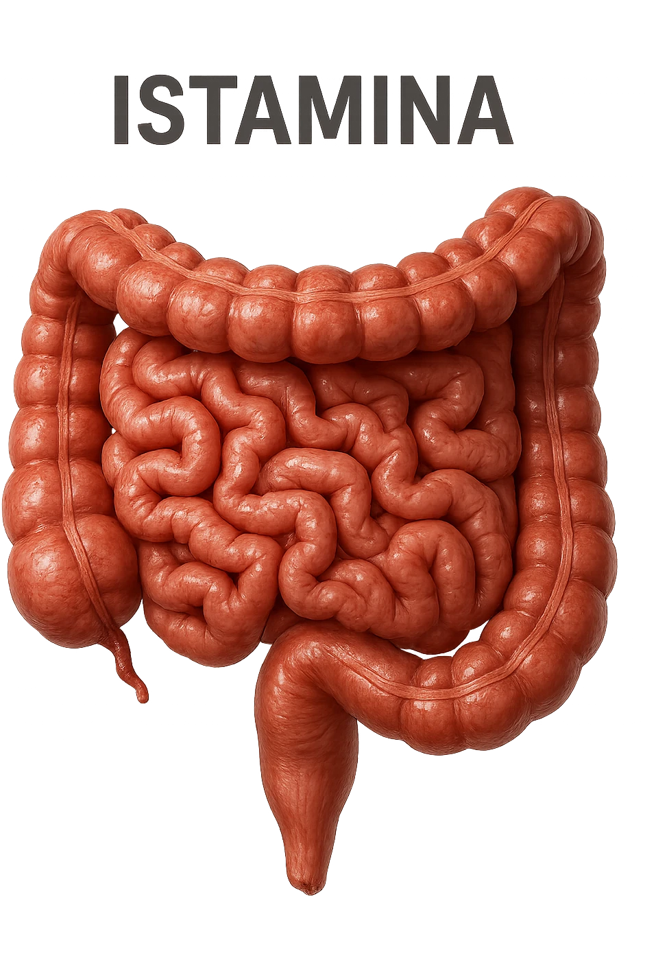 intestino umano realistico con la scritta "ISTAMINA" stampata sopra, iperrealistico 4k emoji