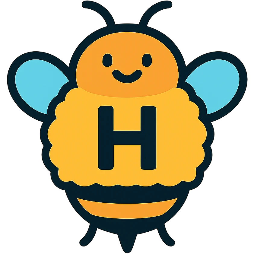 cartoonish bumblebee with the letter H, fluffy and round, colorful lineal icon with black outlines emoji
