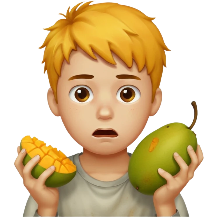 Boy eating mangoes, disgusted emoji