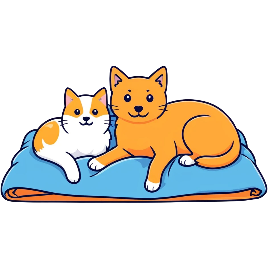 An Orange cat and an English cream retriever dog in a blue blanket  emoji