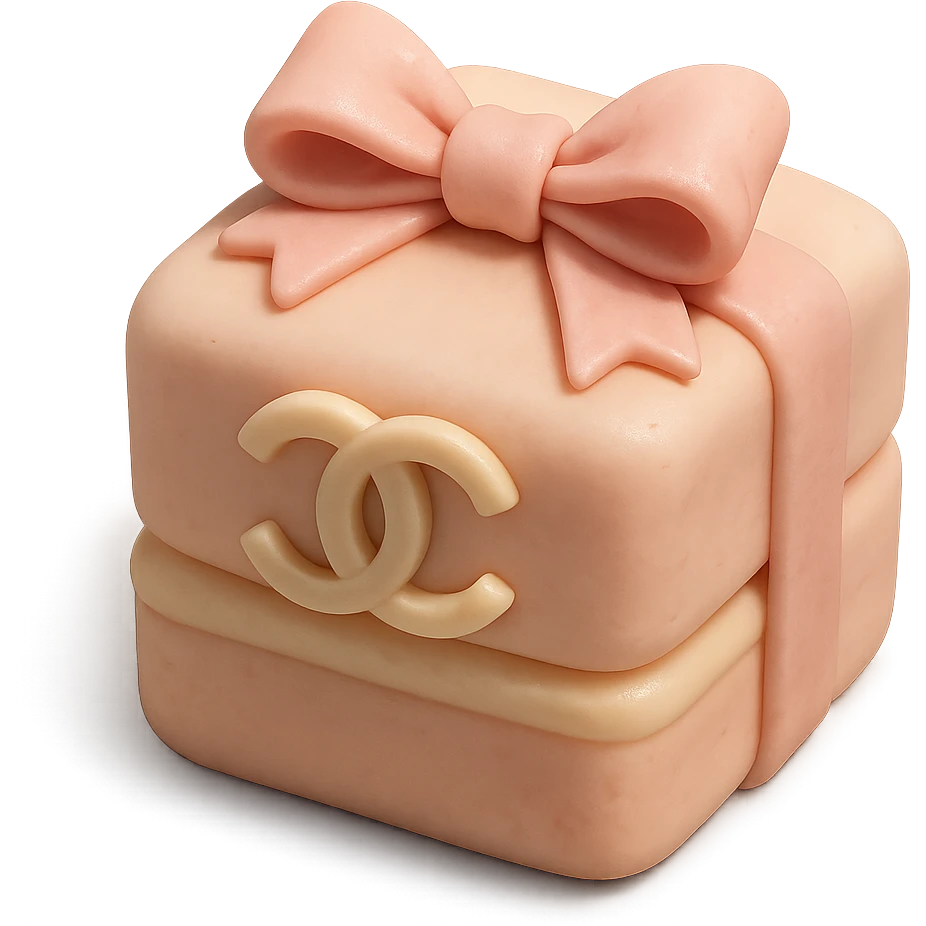 pastel Chanel petit four with a pink bow and logo, fondant cake art style emoji